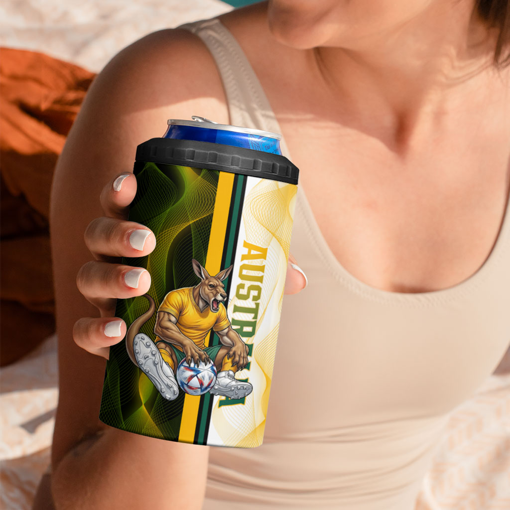 Personalized Australia Soccer Kangaroo 4 in 1 Can Cooler Tumbler World Football Mascot Green Gold Abstract Wave