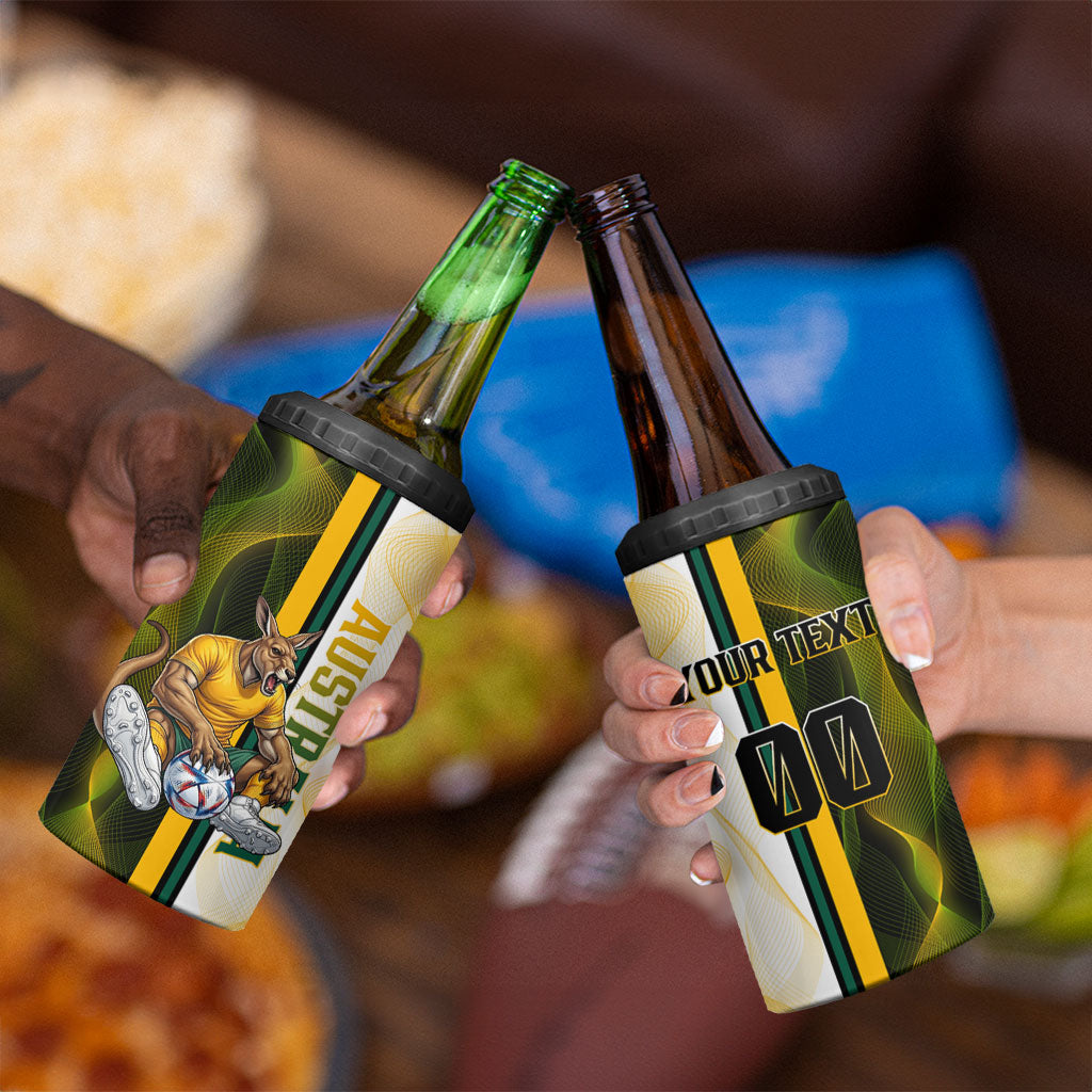 Personalized Australia Soccer Kangaroo 4 in 1 Can Cooler Tumbler World Football Mascot Green Gold Abstract Wave