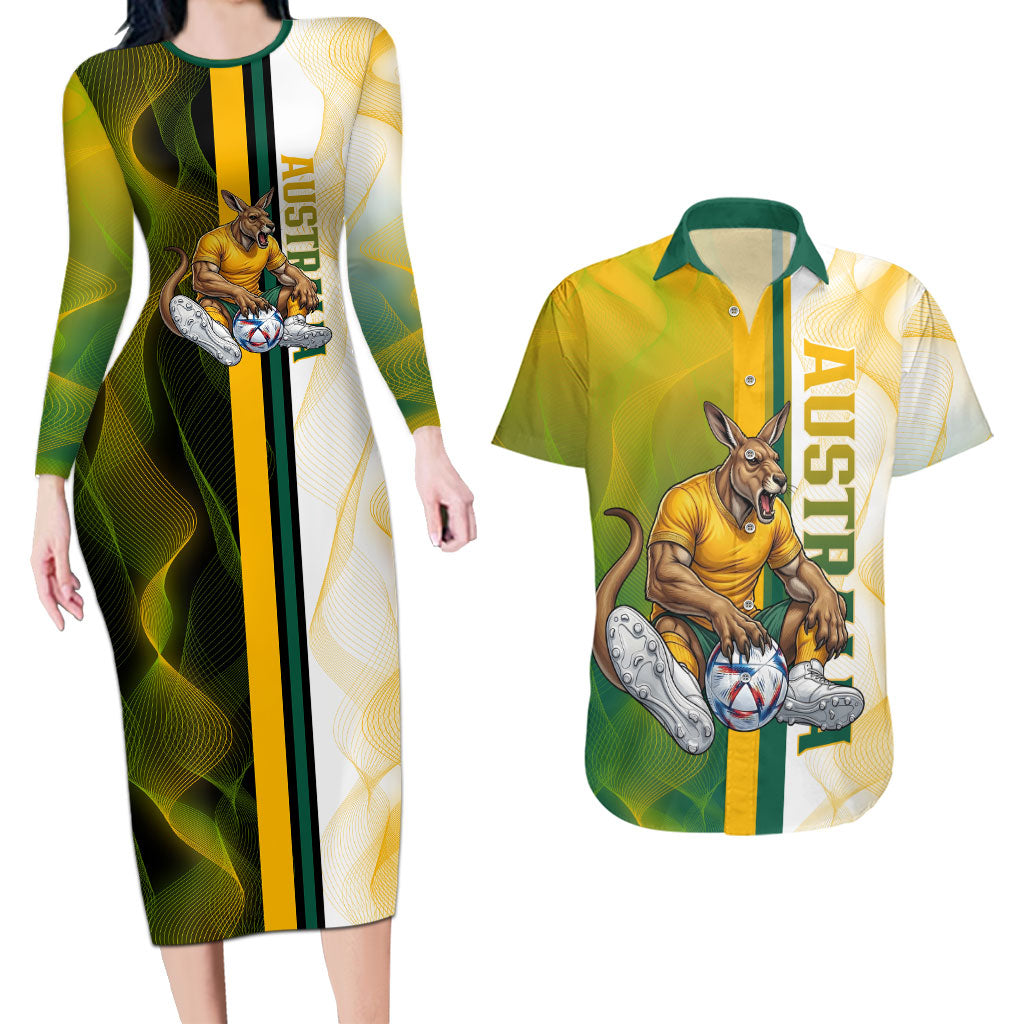 Personalized Australia Soccer Kangaroo Couples Matching Long Sleeve Bodycon Dress and Hawaiian Shirt World Football Mascot Green Gold Abstract Wave