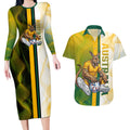 Personalized Australia Soccer Kangaroo Couples Matching Long Sleeve Bodycon Dress and Hawaiian Shirt World Football Mascot Green Gold Abstract Wave
