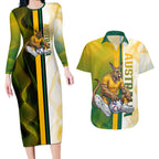 Personalized Australia Soccer Kangaroo Couples Matching Long Sleeve Bodycon Dress and Hawaiian Shirt World Football Mascot Green Gold Abstract Wave
