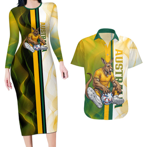 Personalized Australia Soccer Kangaroo Couples Matching Long Sleeve Bodycon Dress and Hawaiian Shirt World Football Mascot Green Gold Abstract Wave