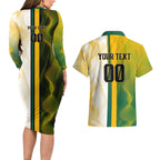Personalized Australia Soccer Kangaroo Couples Matching Long Sleeve Bodycon Dress and Hawaiian Shirt World Football Mascot Green Gold Abstract Wave