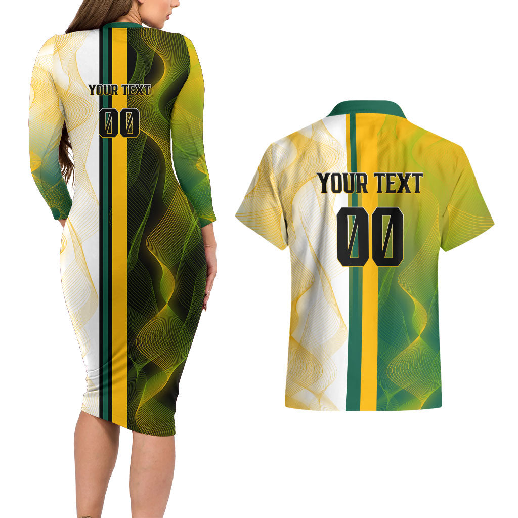 Personalized Australia Soccer Kangaroo Couples Matching Long Sleeve Bodycon Dress and Hawaiian Shirt World Football Mascot Green Gold Abstract Wave