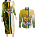 Personalized Australia Soccer Kangaroo Couples Matching Long Sleeve Bodycon Dress and Long Sleeve Button Shirt World Football Mascot Green Gold Abstract Wave