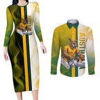 Personalized Australia Soccer Kangaroo Couples Matching Long Sleeve Bodycon Dress and Long Sleeve Button Shirt World Football Mascot Green Gold Abstract Wave