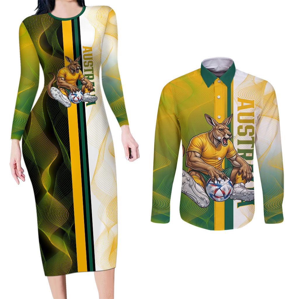 Personalized Australia Soccer Kangaroo Couples Matching Long Sleeve Bodycon Dress and Long Sleeve Button Shirt World Football Mascot Green Gold Abstract Wave