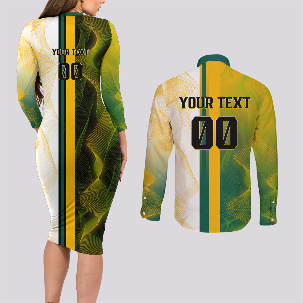 Personalized Australia Soccer Kangaroo Couples Matching Long Sleeve Bodycon Dress and Long Sleeve Button Shirt World Football Mascot Green Gold Abstract Wave
