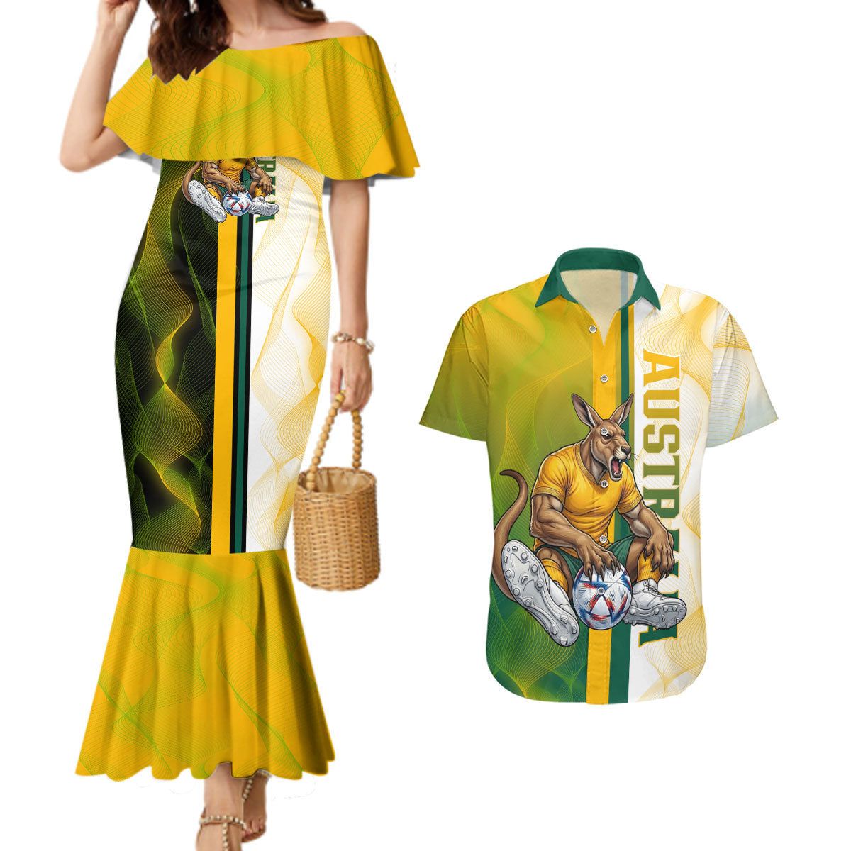 Personalized Australia Soccer Kangaroo Couples Matching Mermaid Dress and Hawaiian Shirt World Football Mascot Green Gold Abstract Wave