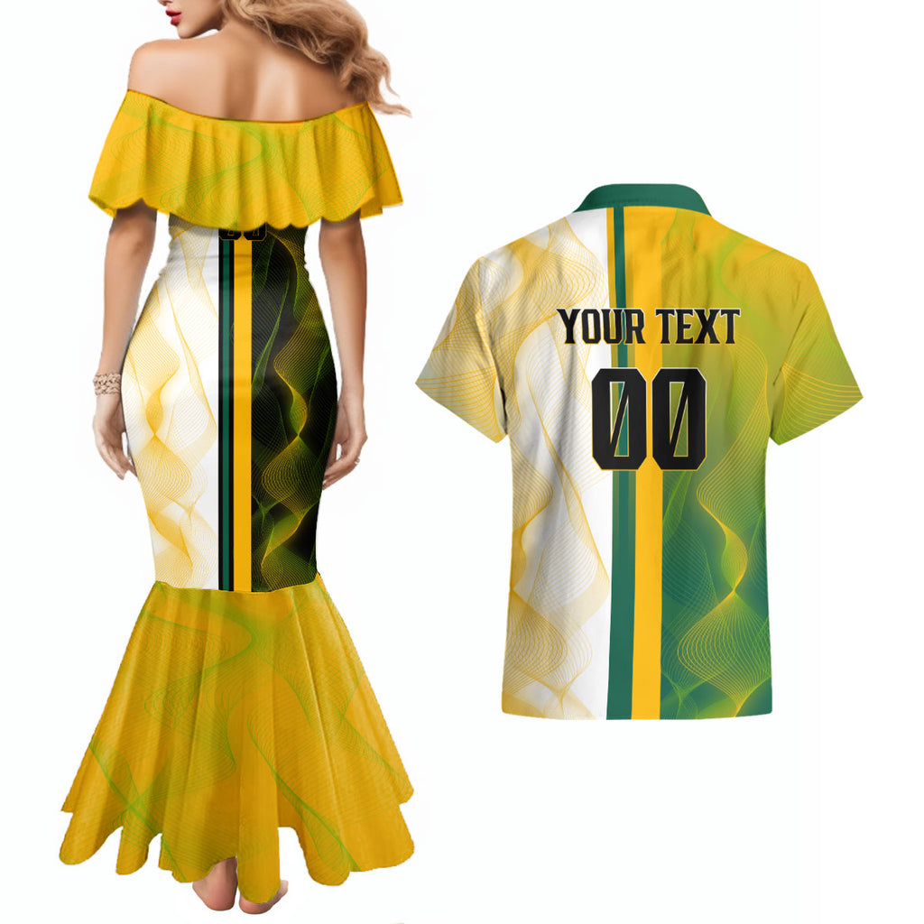 Personalized Australia Soccer Kangaroo Couples Matching Mermaid Dress and Hawaiian Shirt World Football Mascot Green Gold Abstract Wave