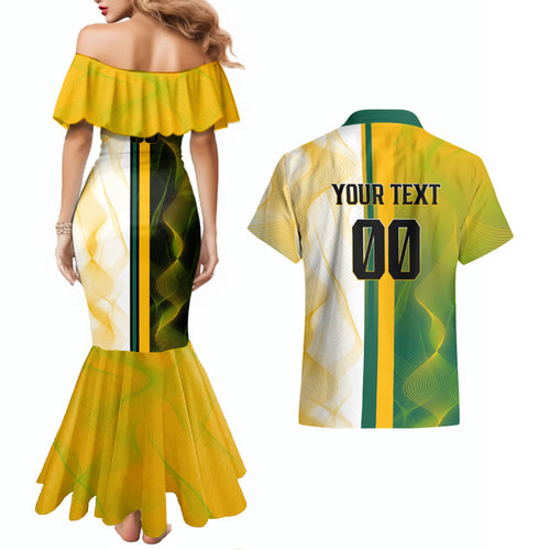 Personalized Australia Soccer Kangaroo Couples Matching Mermaid Dress and Hawaiian Shirt World Football Mascot Green Gold Abstract Wave