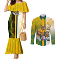 Personalized Australia Soccer Kangaroo Couples Matching Mermaid Dress and Long Sleeve Button Shirt World Football Mascot Green Gold Abstract Wave