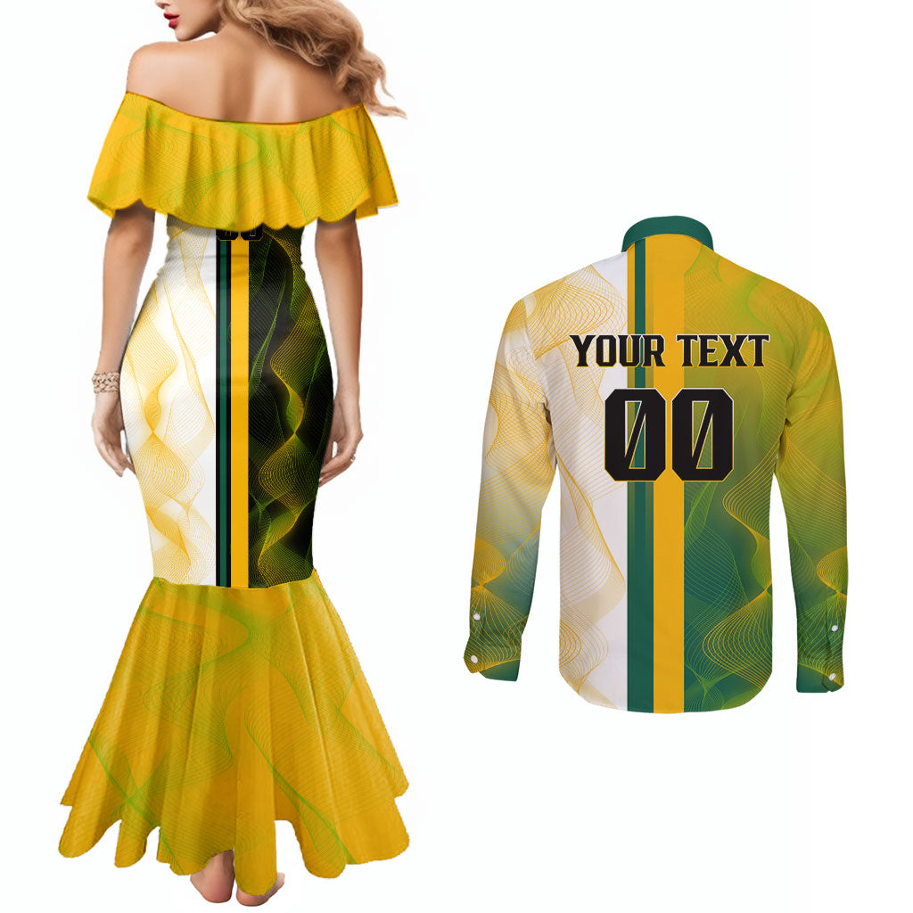 Personalized Australia Soccer Kangaroo Couples Matching Mermaid Dress and Long Sleeve Button Shirt World Football Mascot Green Gold Abstract Wave