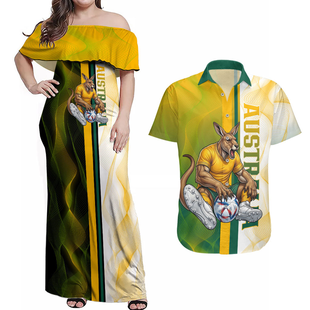 Personalized Australia Soccer Kangaroo Couples Matching Off Shoulder Maxi Dress and Hawaiian Shirt World Football Mascot Green Gold Abstract Wave