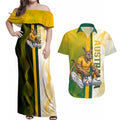 Personalized Australia Soccer Kangaroo Couples Matching Off Shoulder Maxi Dress and Hawaiian Shirt World Football Mascot Green Gold Abstract Wave