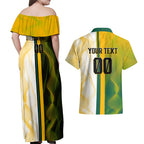 Personalized Australia Soccer Kangaroo Couples Matching Off Shoulder Maxi Dress and Hawaiian Shirt World Football Mascot Green Gold Abstract Wave