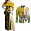 Personalized Australia Soccer Kangaroo Couples Matching Off Shoulder Maxi Dress and Long Sleeve Button Shirt World Football Mascot Green Gold Abstract Wave