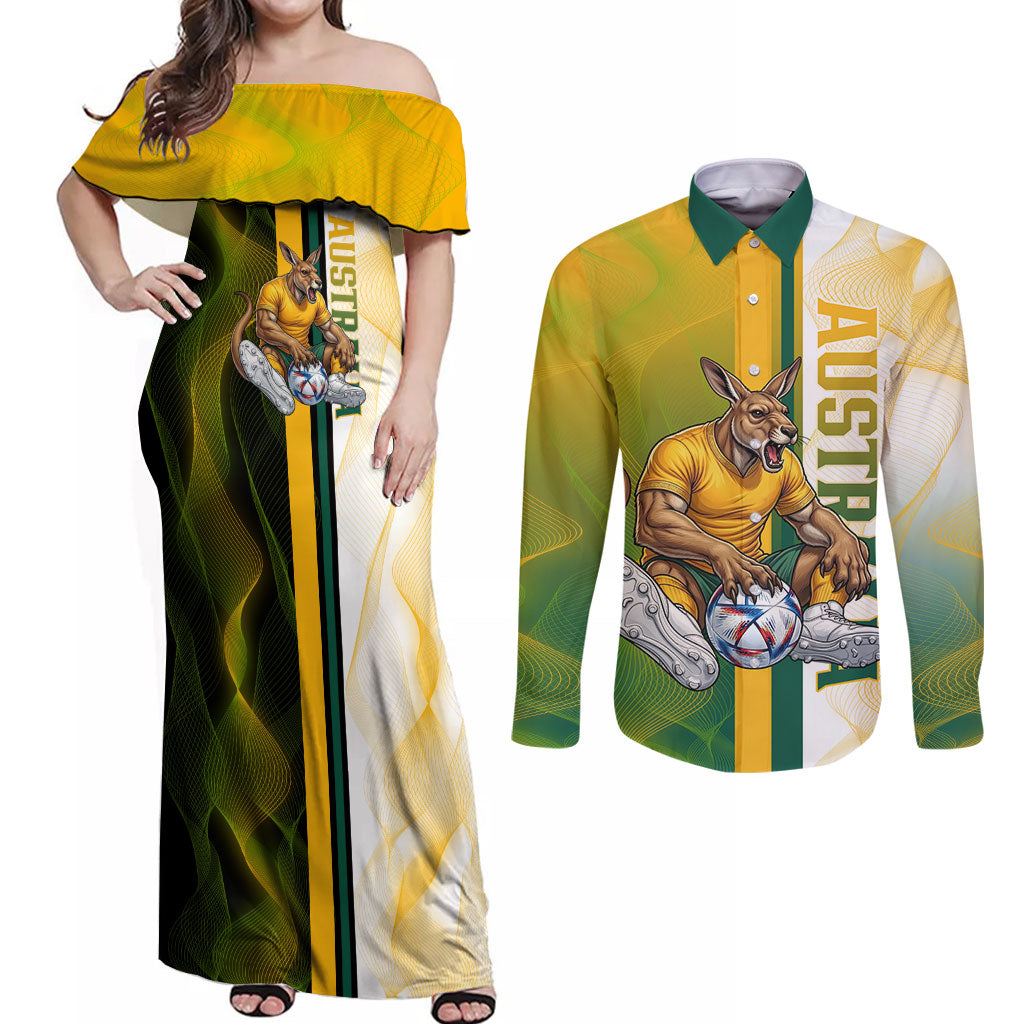 Personalized Australia Soccer Kangaroo Couples Matching Off Shoulder Maxi Dress and Long Sleeve Button Shirt World Football Mascot Green Gold Abstract Wave