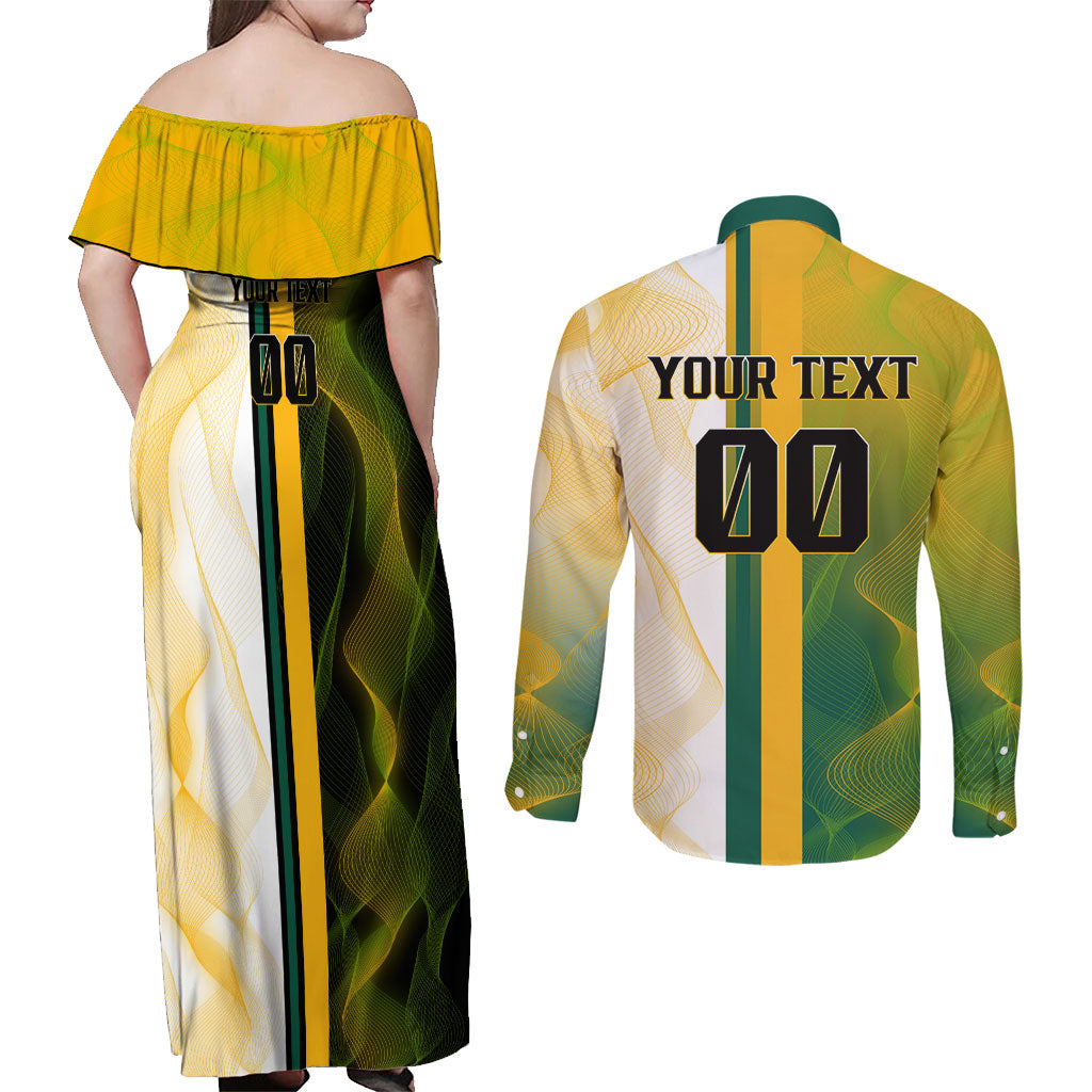 Personalized Australia Soccer Kangaroo Couples Matching Off Shoulder Maxi Dress and Long Sleeve Button Shirt World Football Mascot Green Gold Abstract Wave
