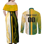 Personalized Australia Soccer Kangaroo Couples Matching Off Shoulder Maxi Dress and Long Sleeve Button Shirt World Football Mascot Green Gold Abstract Wave