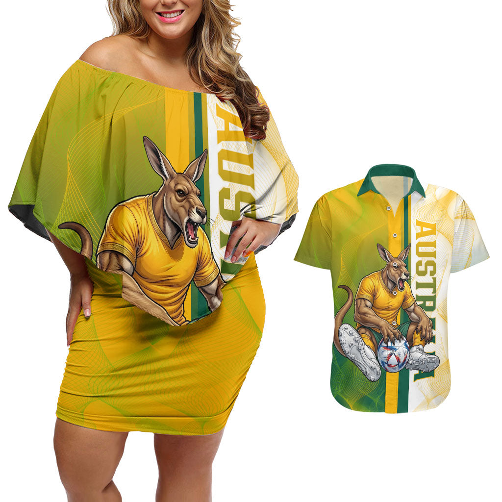 Personalized Australia Soccer Kangaroo Couples Matching Off Shoulder Short Dress and Hawaiian Shirt World Football Mascot Green Gold Abstract Wave