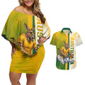 Personalized Australia Soccer Kangaroo Couples Matching Off Shoulder Short Dress and Hawaiian Shirt World Football Mascot Green Gold Abstract Wave