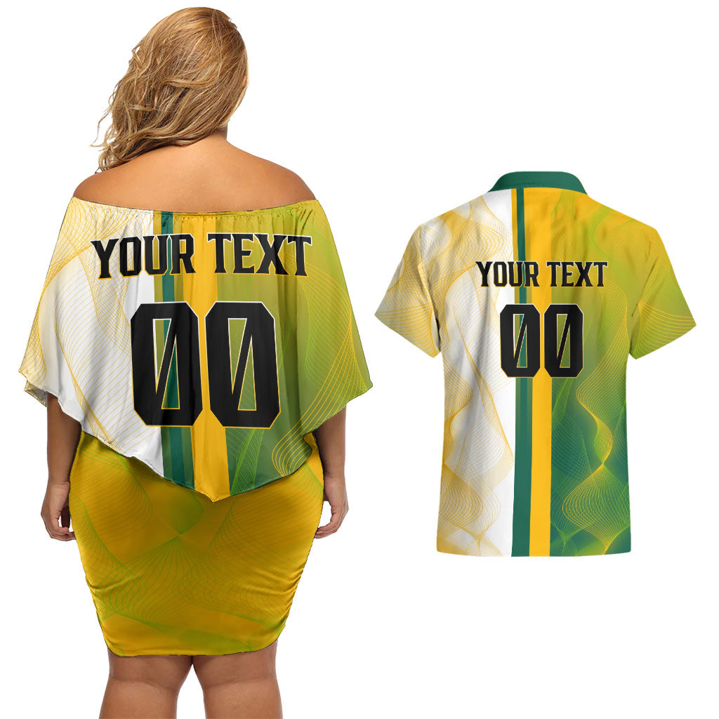Personalized Australia Soccer Kangaroo Couples Matching Off Shoulder Short Dress and Hawaiian Shirt World Football Mascot Green Gold Abstract Wave