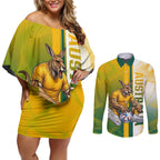 Personalized Australia Soccer Kangaroo Couples Matching Off Shoulder Short Dress and Long Sleeve Button Shirt World Football Mascot Green Gold Abstract Wave