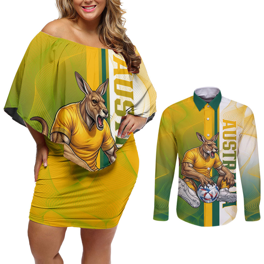 Personalized Australia Soccer Kangaroo Couples Matching Off Shoulder Short Dress and Long Sleeve Button Shirt World Football Mascot Green Gold Abstract Wave
