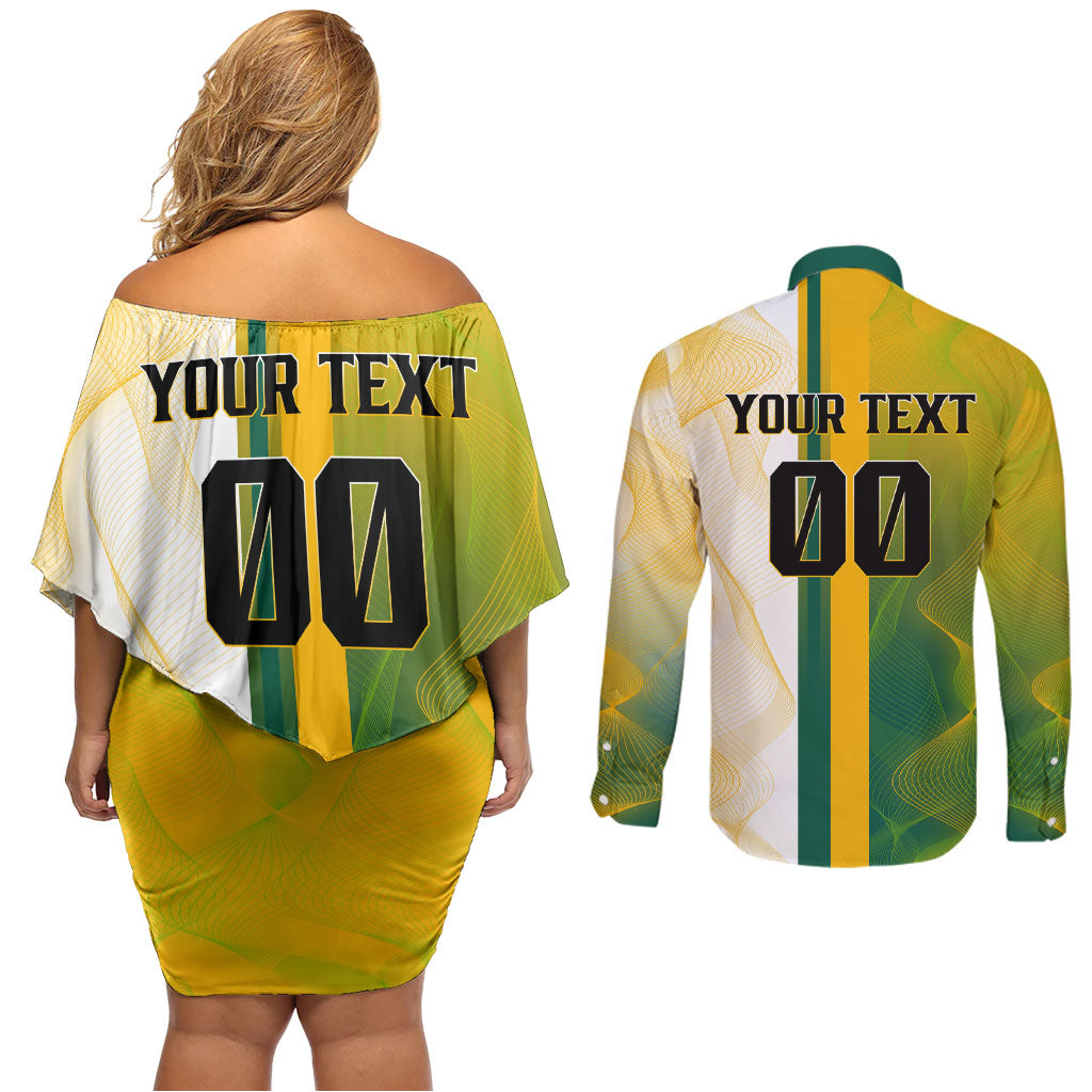 Personalized Australia Soccer Kangaroo Couples Matching Off Shoulder Short Dress and Long Sleeve Button Shirt World Football Mascot Green Gold Abstract Wave