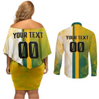 Personalized Australia Soccer Kangaroo Couples Matching Off Shoulder Short Dress and Long Sleeve Button Shirt World Football Mascot Green Gold Abstract Wave
