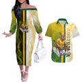 Personalized Australia Soccer Kangaroo Couples Matching Off The Shoulder Long Sleeve Dress and Hawaiian Shirt World Football Mascot Green Gold Abstract Wave