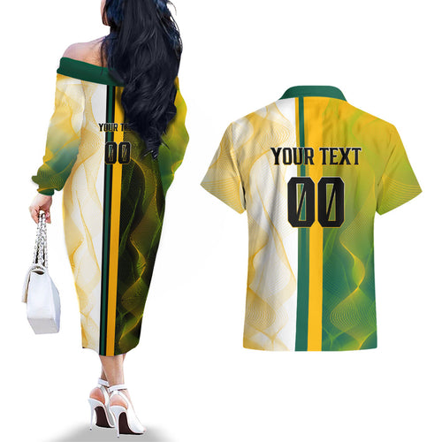 Personalized Australia Soccer Kangaroo Couples Matching Off The Shoulder Long Sleeve Dress and Hawaiian Shirt World Football Mascot Green Gold Abstract Wave