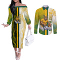Personalized Australia Soccer Kangaroo Couples Matching Off The Shoulder Long Sleeve Dress and Long Sleeve Button Shirt World Football Mascot Green Gold Abstract Wave