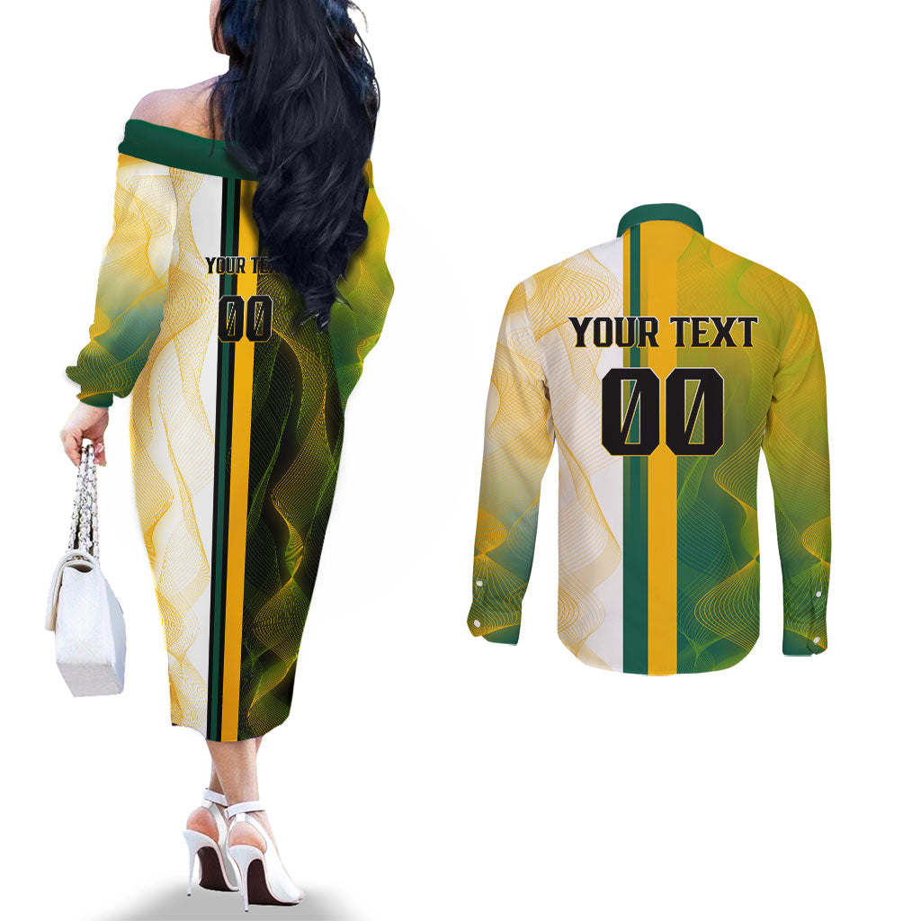 Personalized Australia Soccer Kangaroo Couples Matching Off The Shoulder Long Sleeve Dress and Long Sleeve Button Shirt World Football Mascot Green Gold Abstract Wave