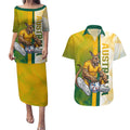 Personalized Australia Soccer Kangaroo Couples Matching Puletasi and Hawaiian Shirt World Football Mascot Green Gold Abstract Wave