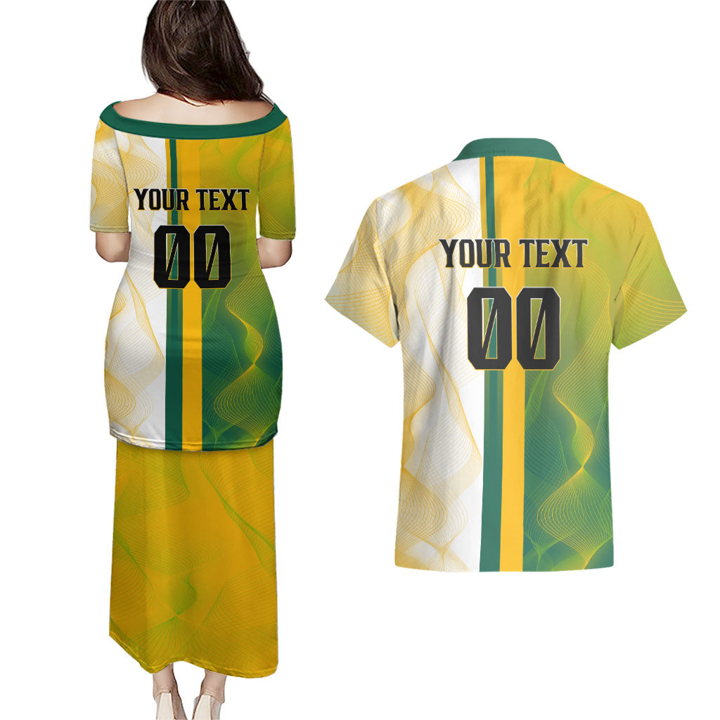 Personalized Australia Soccer Kangaroo Couples Matching Puletasi and Hawaiian Shirt World Football Mascot Green Gold Abstract Wave
