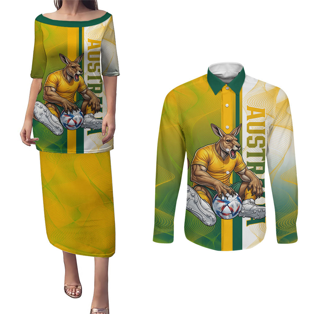 Personalized Australia Soccer Kangaroo Couples Matching Puletasi and Long Sleeve Button Shirt World Football Mascot Green Gold Abstract Wave