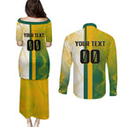 Personalized Australia Soccer Kangaroo Couples Matching Puletasi and Long Sleeve Button Shirt World Football Mascot Green Gold Abstract Wave