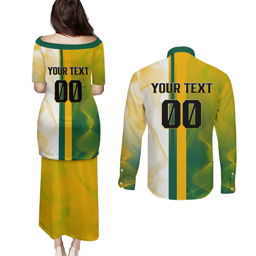 Personalized Australia Soccer Kangaroo Couples Matching Puletasi and Long Sleeve Button Shirt World Football Mascot Green Gold Abstract Wave