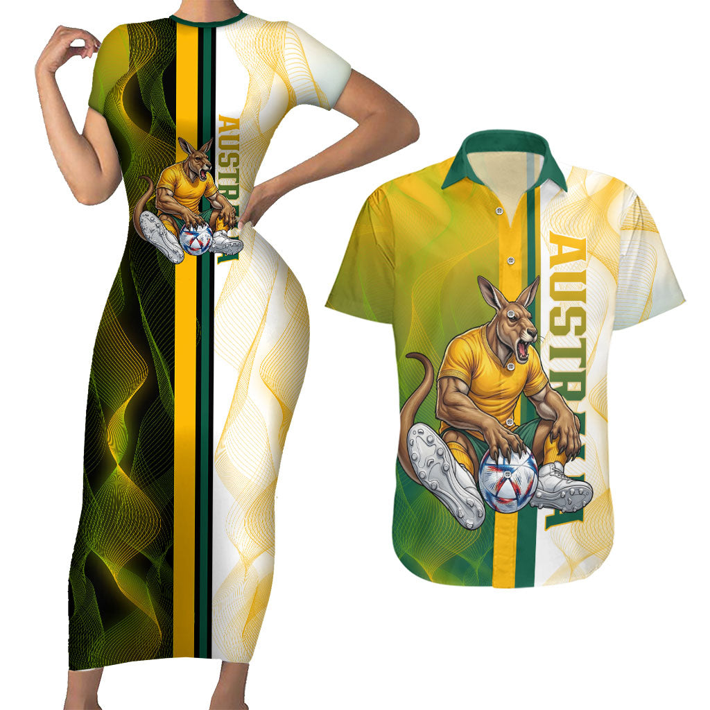 Personalized Australia Soccer Kangaroo Couples Matching Short Sleeve Bodycon Dress and Hawaiian Shirt World Football Mascot Green Gold Abstract Wave