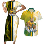 Personalized Australia Soccer Kangaroo Couples Matching Short Sleeve Bodycon Dress and Hawaiian Shirt World Football Mascot Green Gold Abstract Wave