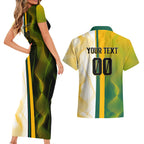 Personalized Australia Soccer Kangaroo Couples Matching Short Sleeve Bodycon Dress and Hawaiian Shirt World Football Mascot Green Gold Abstract Wave