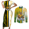 Personalized Australia Soccer Kangaroo Couples Matching Short Sleeve Bodycon Dress and Long Sleeve Button Shirt World Football Mascot Green Gold Abstract Wave