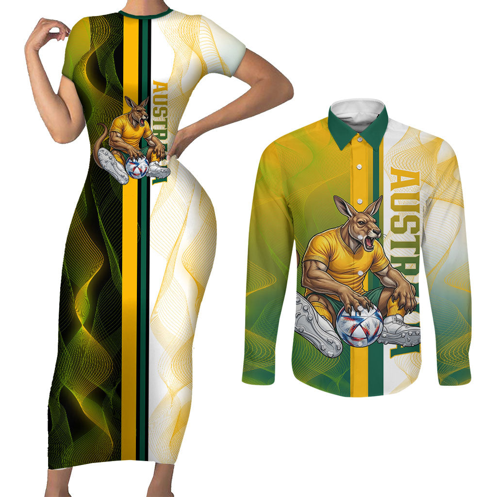 Personalized Australia Soccer Kangaroo Couples Matching Short Sleeve Bodycon Dress and Long Sleeve Button Shirt World Football Mascot Green Gold Abstract Wave