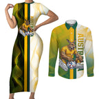 Personalized Australia Soccer Kangaroo Couples Matching Short Sleeve Bodycon Dress and Long Sleeve Button Shirt World Football Mascot Green Gold Abstract Wave