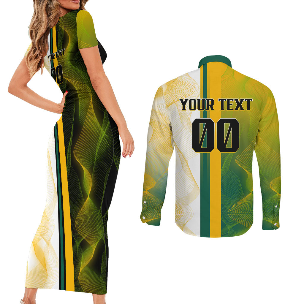 Personalized Australia Soccer Kangaroo Couples Matching Short Sleeve Bodycon Dress and Long Sleeve Button Shirt World Football Mascot Green Gold Abstract Wave