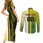 Personalized Australia Soccer Kangaroo Couples Matching Short Sleeve Bodycon Dress and Long Sleeve Button Shirt World Football Mascot Green Gold Abstract Wave