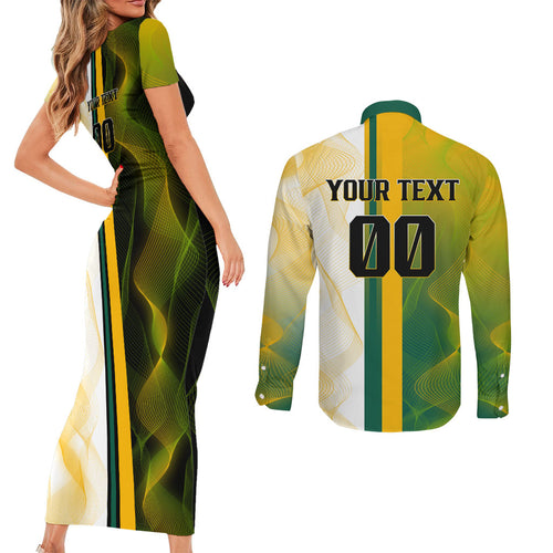 Personalized Australia Soccer Kangaroo Couples Matching Short Sleeve Bodycon Dress and Long Sleeve Button Shirt World Football Mascot Green Gold Abstract Wave