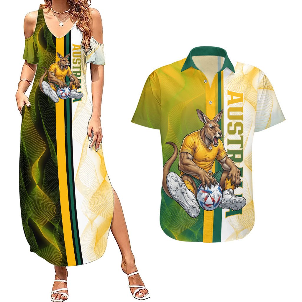 Personalized Australia Soccer Kangaroo Couples Matching Summer Maxi Dress and Hawaiian Shirt World Football Mascot Green Gold Abstract Wave